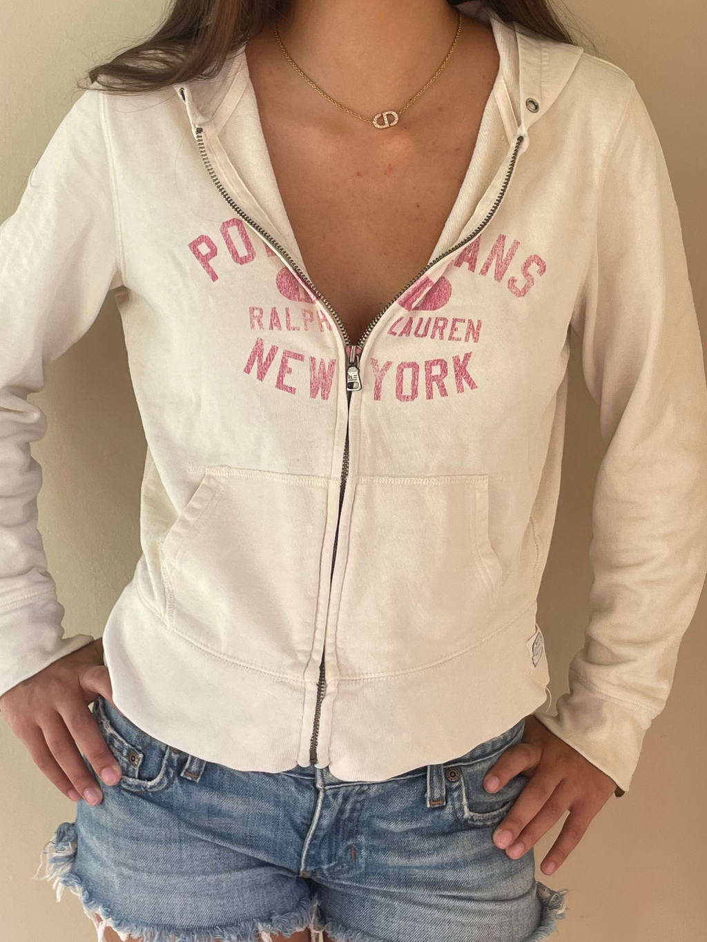 Vintage Ralph Lauren cream and pink zip up hoodie