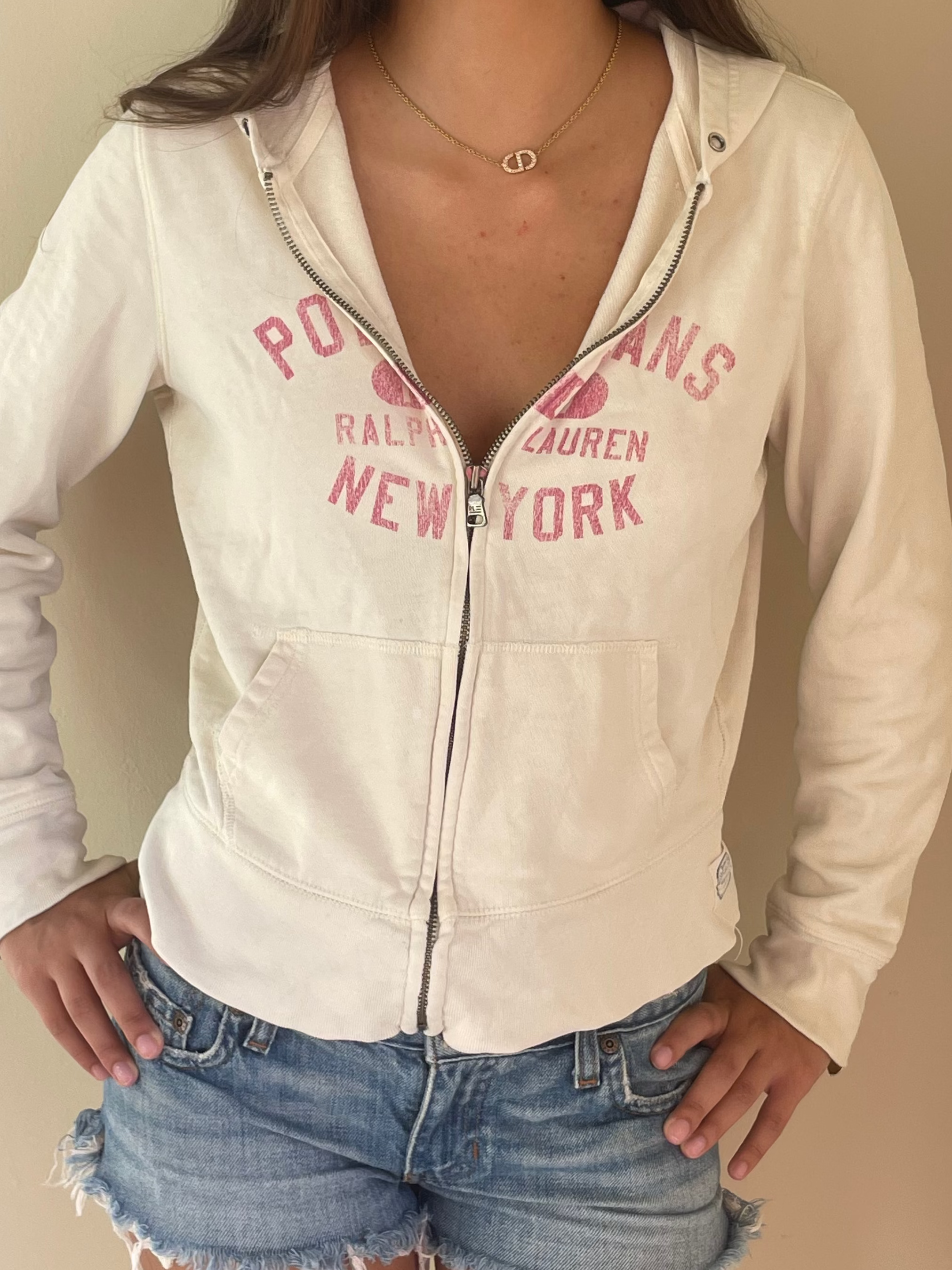 Vintage Ralph Lauren cream and pink zip up hoodie